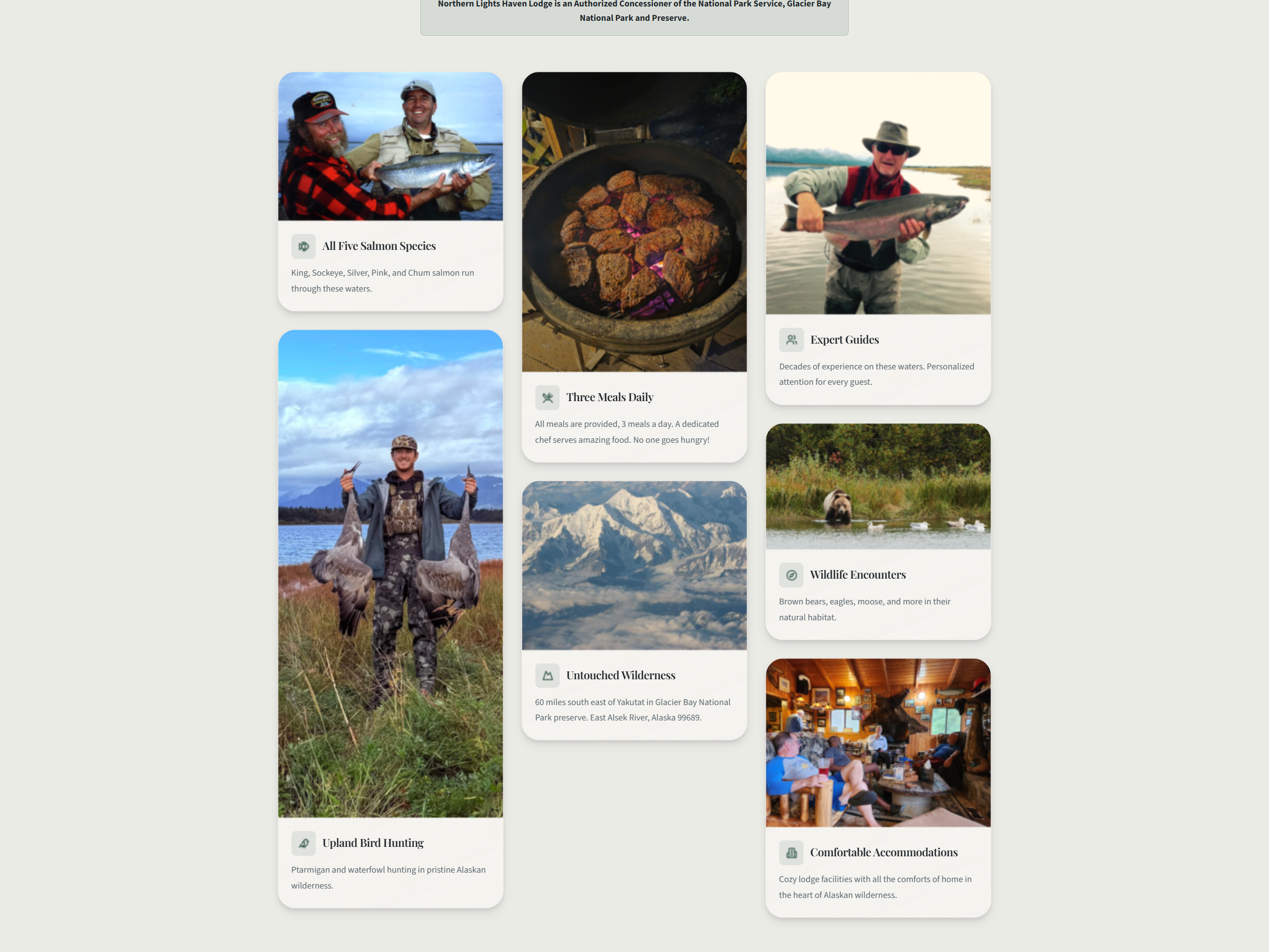 Northern Lights Haven Lodge website design with experience and amenity cards.