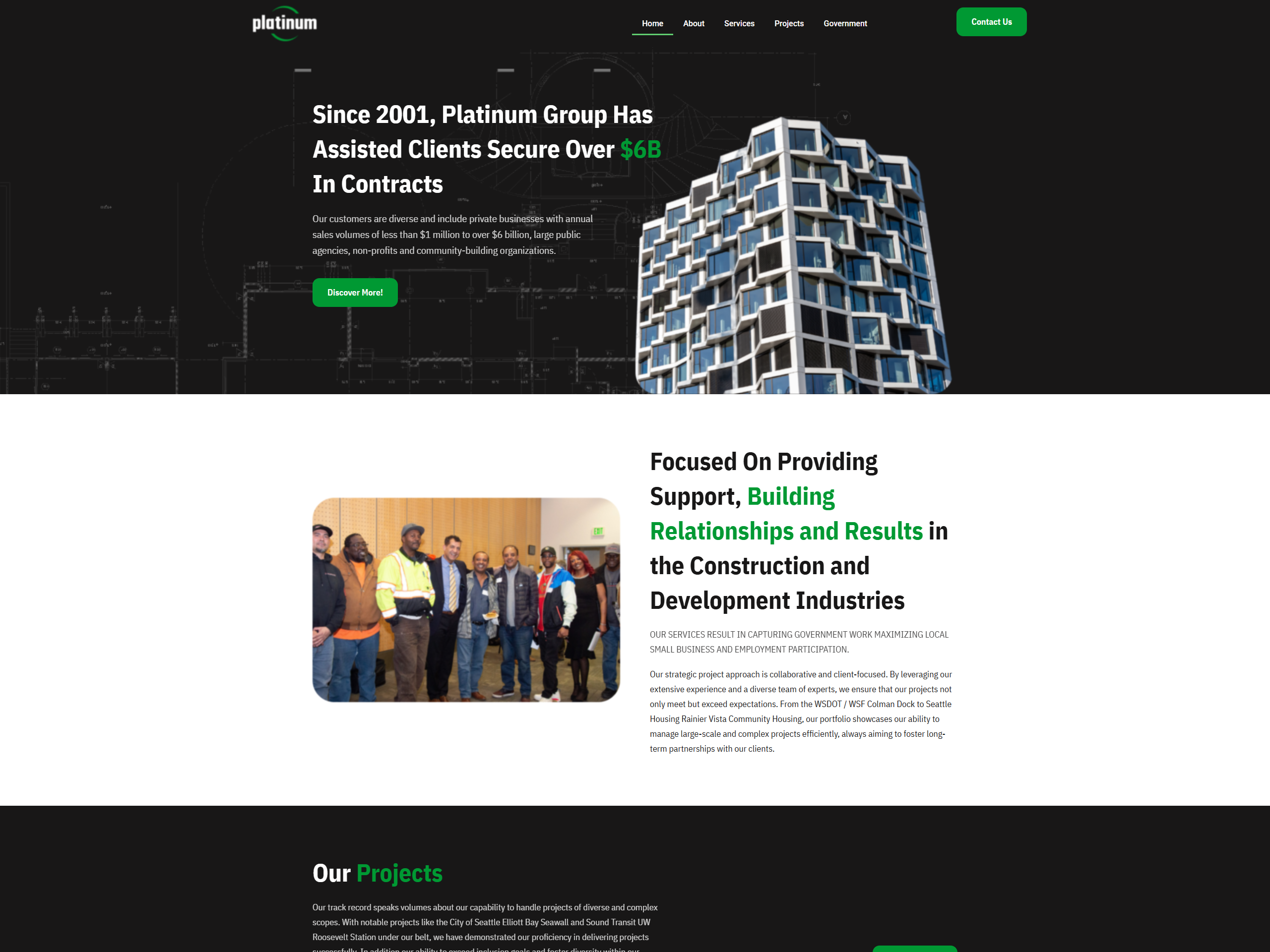 Platinum business group corporate website with hero, team, and projects sections.